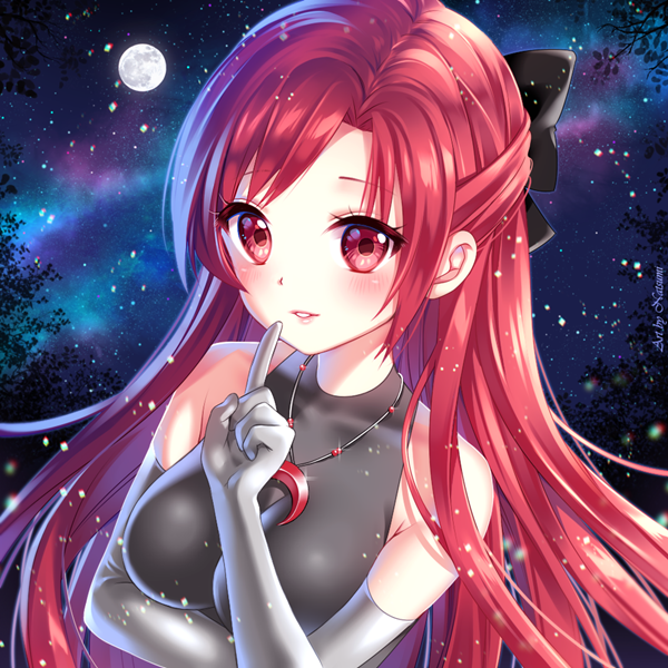 1girl, :d, artist_name, black_bow, blush, bow, breasts, crescent