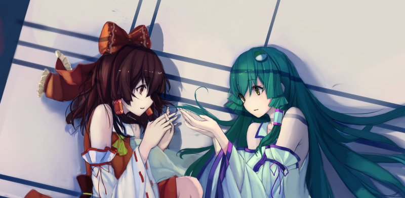 2girls, arm_ribbon, bangs, bow, brown_hair, detached_sleeves, frog_hair_ornament, from_above