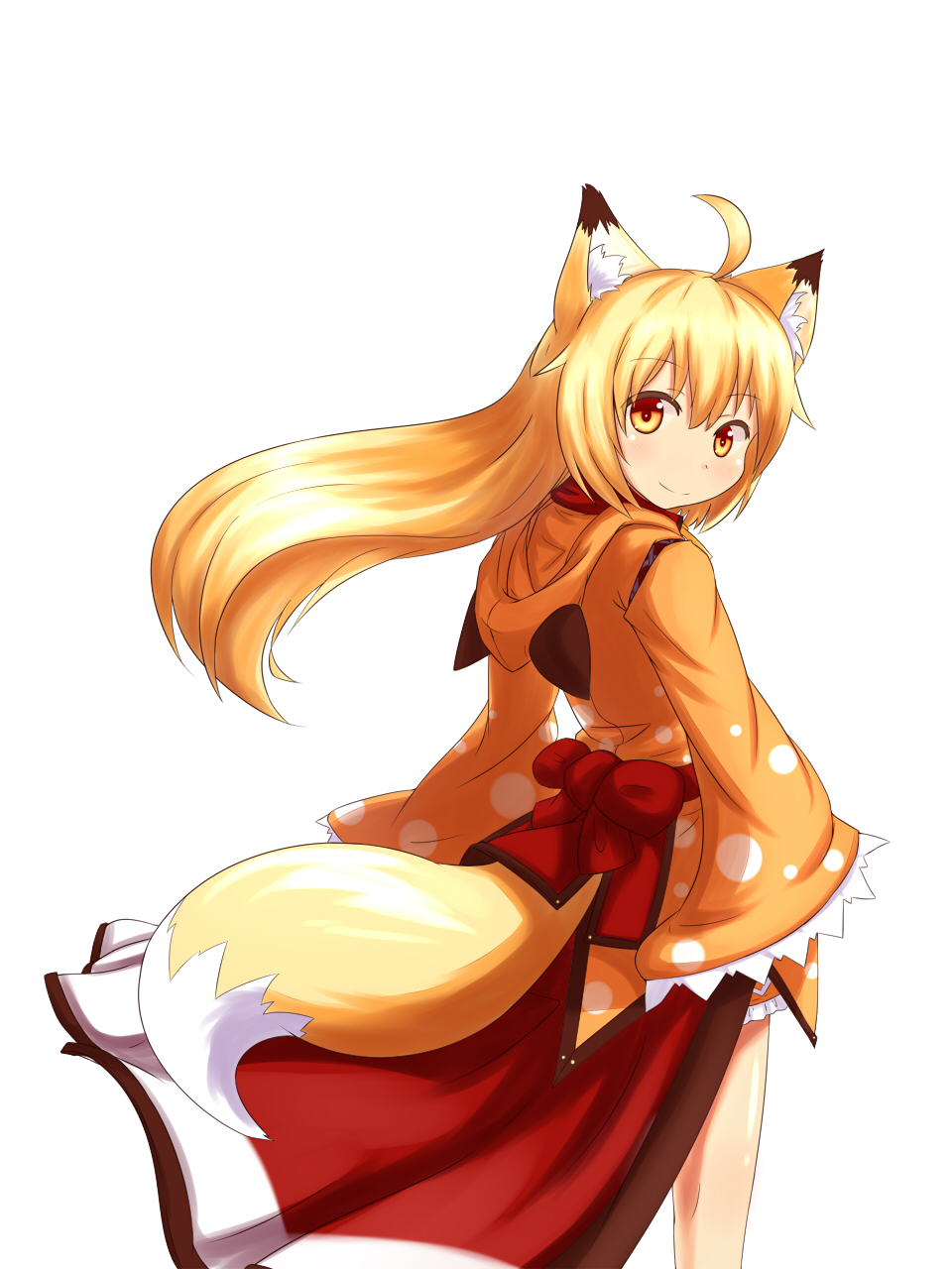 1girl, animal_ears, blonde_hair, fox_ears, fox_tail, from_behind, highres, korai, long_hair, looking_at_viewer, looking_back, original, simple_background, smile, solo, tail, white_background