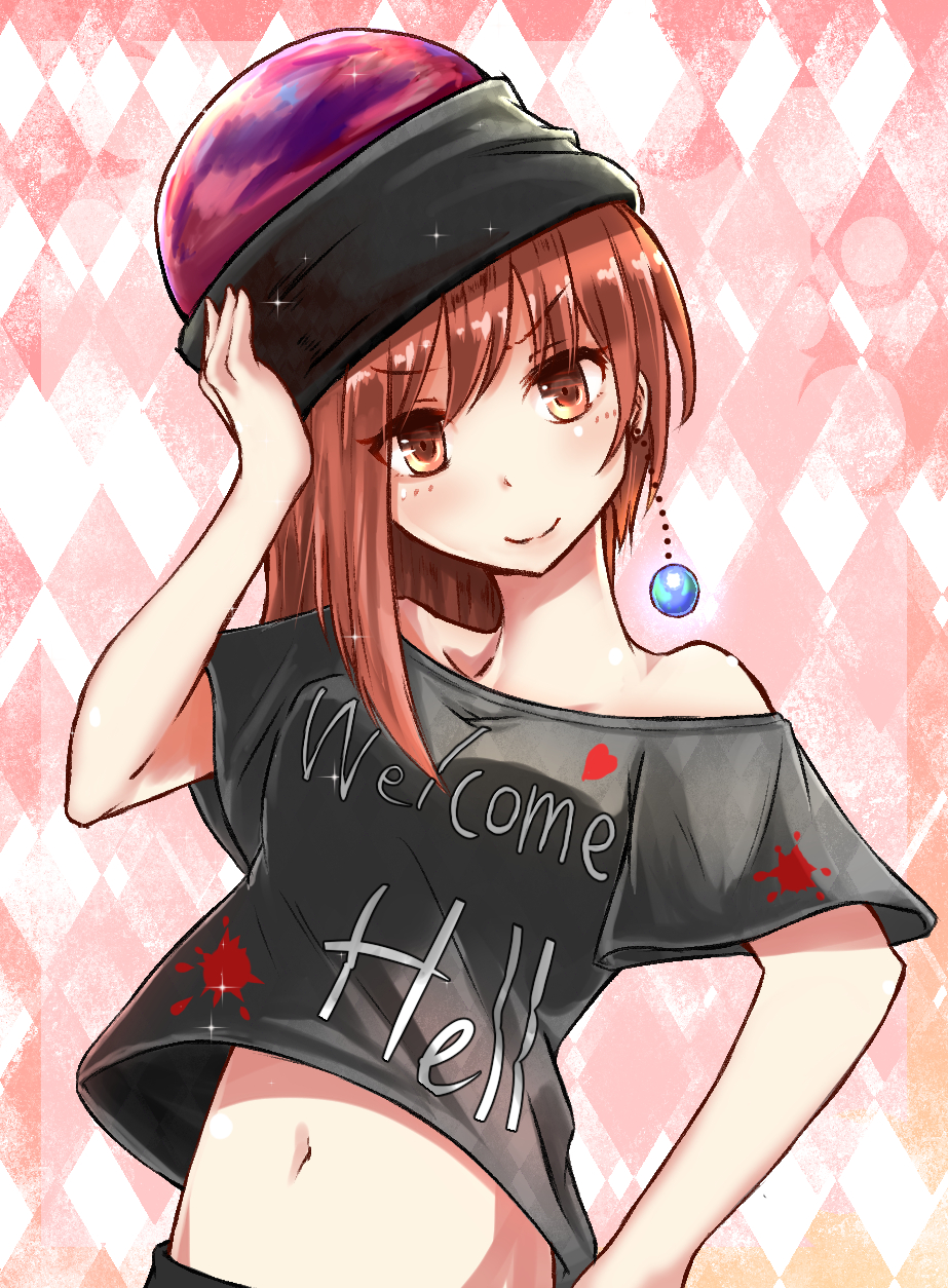 1girl, bare_shoulders, chain, clothes_writing, collar, earrings, earth_(ornament), hand_on_hip, hat, hecatia_lapislazuli, highres, jewelry, long_hair, polos_crown, poyosuke, red_eyes, redhead, shirt, skirt, smile, solo, t-shirt, touhou