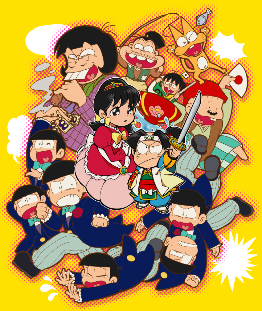 1girl, 6+boys, alternate_costume, bespectacled, black_hair, blank_speech_bubble, bow, bowl_cut