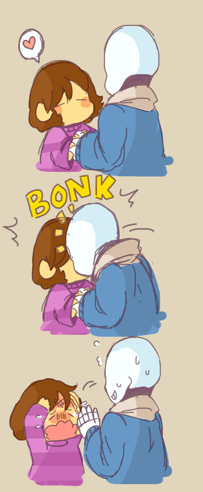 3koma, =_=, androgynous, blush_stickers, brown_hair, bumping, comic, failure