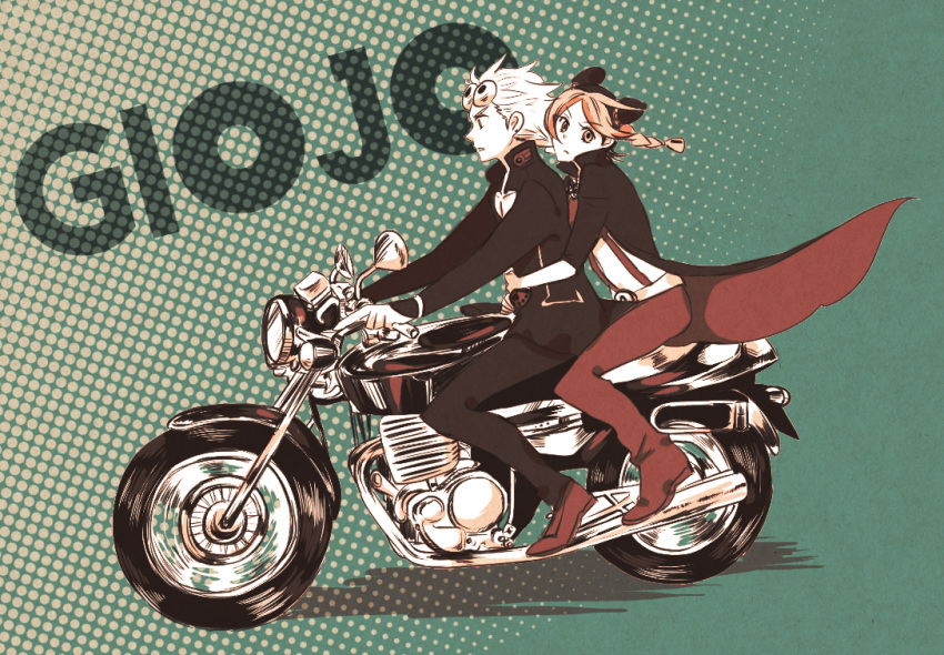 1boy, 1girl, braid, coat, double_bun, from_side, giorno_giovanna, green_background, halftone, halftone_background, jojo_no_kimyou_na_bouken, kuujou_jolyne, midriff, monochrome, motor_vehicle, motorcycle, multicolored_hair, riding, riding_motorcycle, single_braid, two-tone_hair, vehicle, yomogi_(acrylicpaints)