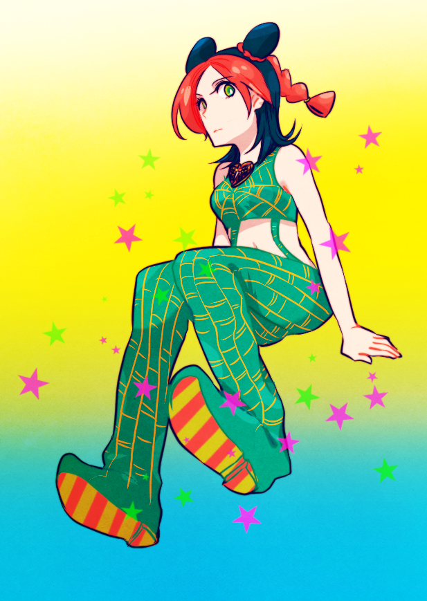 1girl, black_hair, braid, double_bun, full_body, gradient, gradient_background, green_eyes