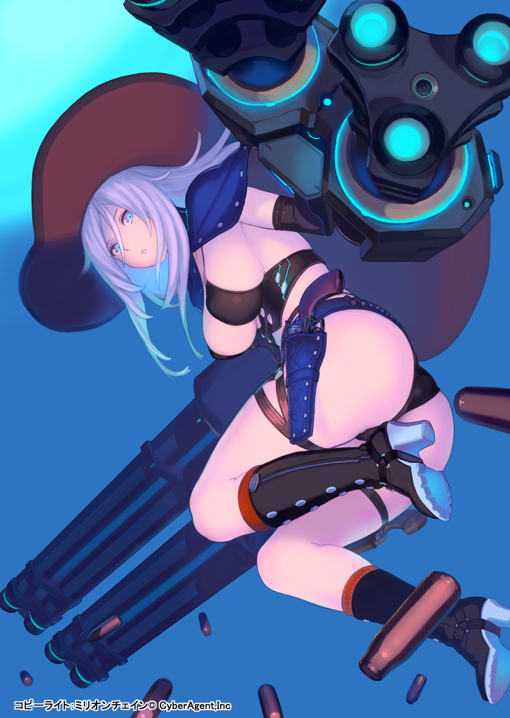 1girl, ass, belt, blue_eyes, boots, breasts, covered_nipples, cowboy_hat