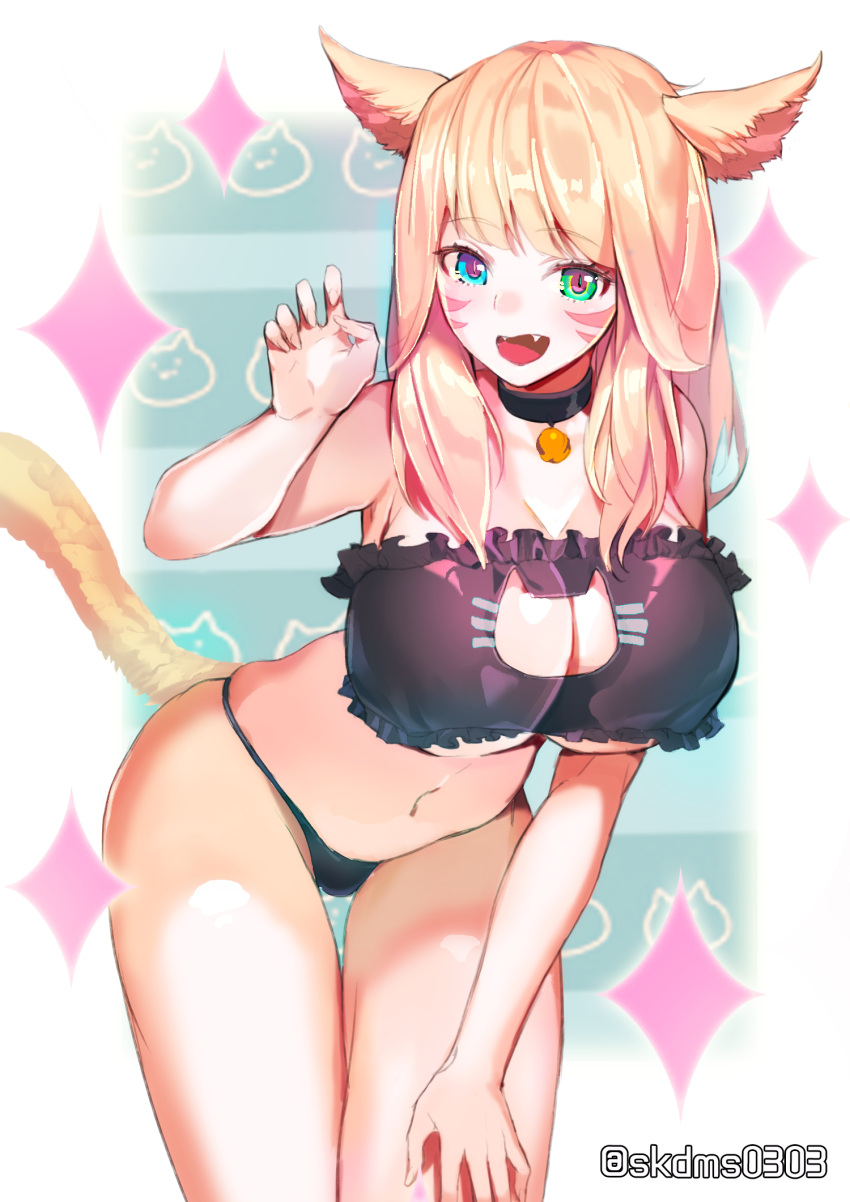 1girl, animal_ears, blonde_hair, blue_eyes, blush, breasts, cat_ears, cat_lingerie, cat_tail, choker, cleavage, cleavage_cutout, facial_mark, fangs, final_fantasy, final_fantasy_xiv, green_eyes, heterochromia, highres, large_breasts, leaning_forward, long_hair, looking_at_viewer, miqo'te, naeun_(pinky1866), navel, open_mouth, simple_background, smile, solo, tail, twitter_username