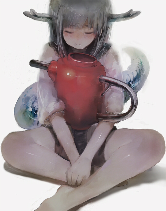 1girl, :t, antlers, asoi_(sabaoa), bangs, barefoot, blunt_bangs, blush, closed_eyes, grey_hair, hands_on_lap, indian_style, lizard_tail, monster_girl, original, sailor_collar, shirt, short_hair, shorts, simple_background, sitting, solo, tagme, tail, tears, white_background