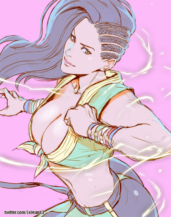 ass, asymmetrical_hair, black_hair, bracelet, breasts, brown_eyes, cleavage, cornrows