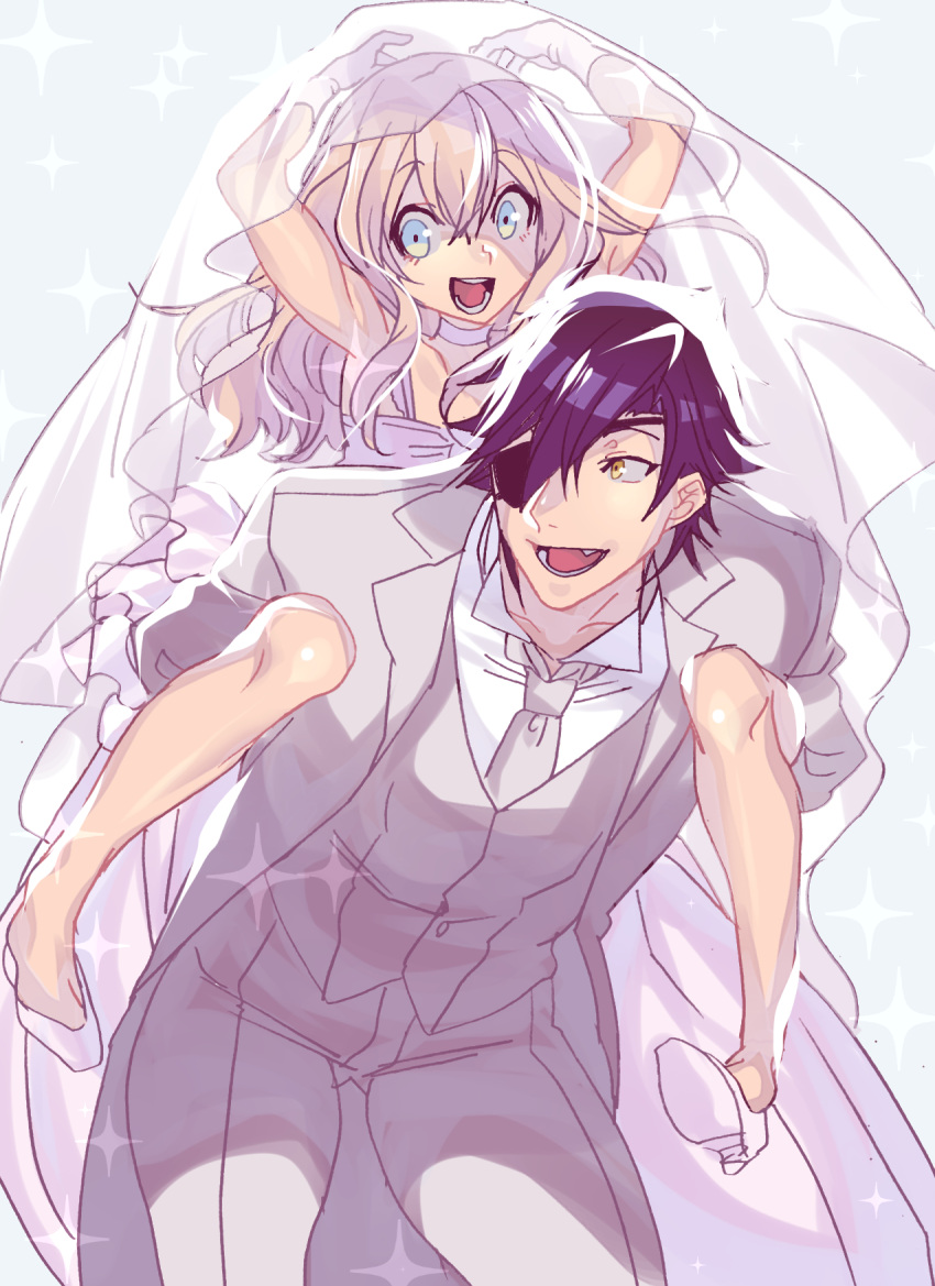 2boys, blonde_hair, blue_background, blue_eyes, blue_hair, bridal_veil, crossdressinging, dress