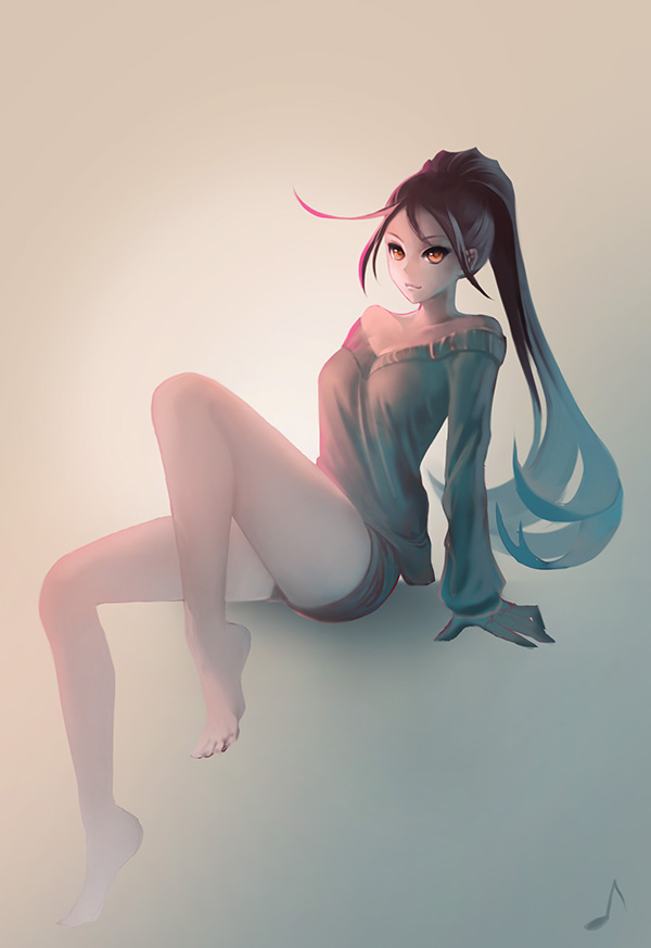 1girl, ahoge, arm_support, bare_shoulders, barefoot, black_hair, denim, denim_shorts