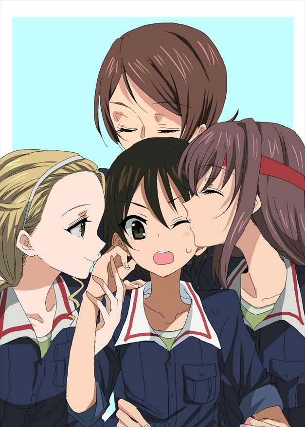 4girls, blonde_hair, blue_background, brown_eyes, brown_hair, closed_eyes, gatakao, girls_und_panzer
