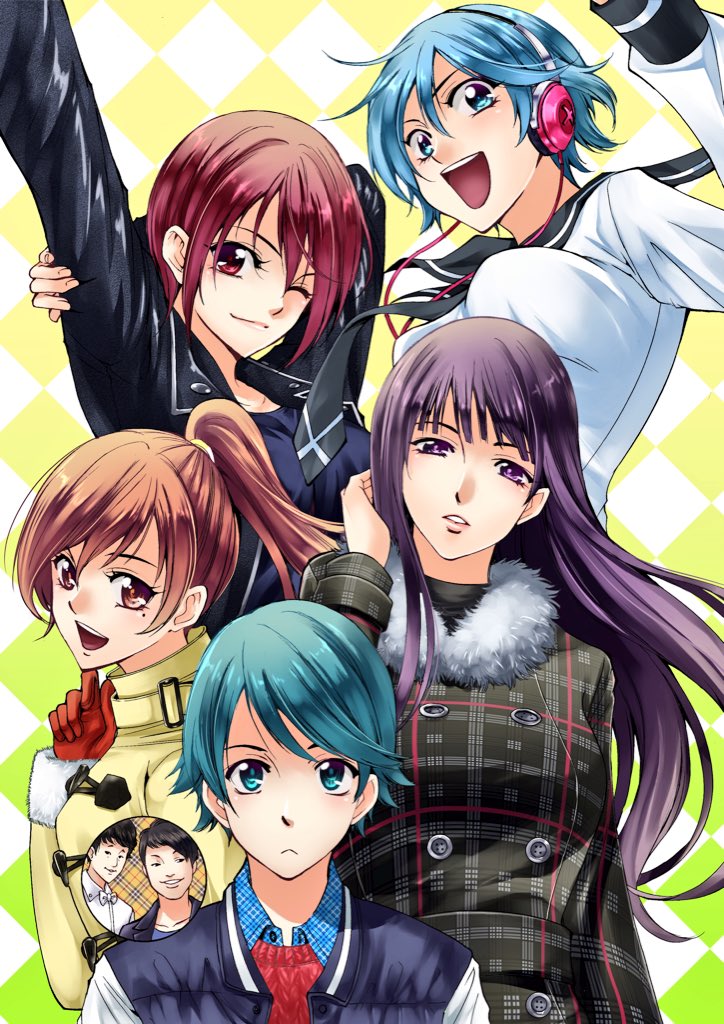 1boy, 4girls, akitsuki_fuuka, aoi_fuuka, arms_up, black_hair, blue_eyes, blue_hair