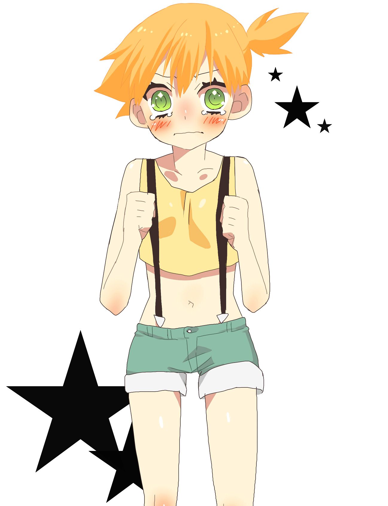 1girl, angry, blush, denim, denim_shorts, green_eyes, highres, kasumi_(pokemon), oomuro_(omuraisu), orange_hair, pokemon, ponytail, shorts, simple_background, solo, star, suspenders, tears, white_background