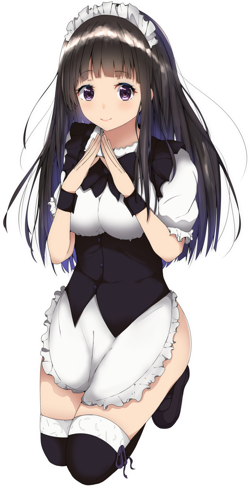 1girl, absurdres, alternate_costume, apron, ayase_chisato_(ay_c1), black_eyes, black_hair, chitanda_eru, enmaided, highres, hyouka, kneeling, long_hair, maid, maid_headdress, thigh-highs