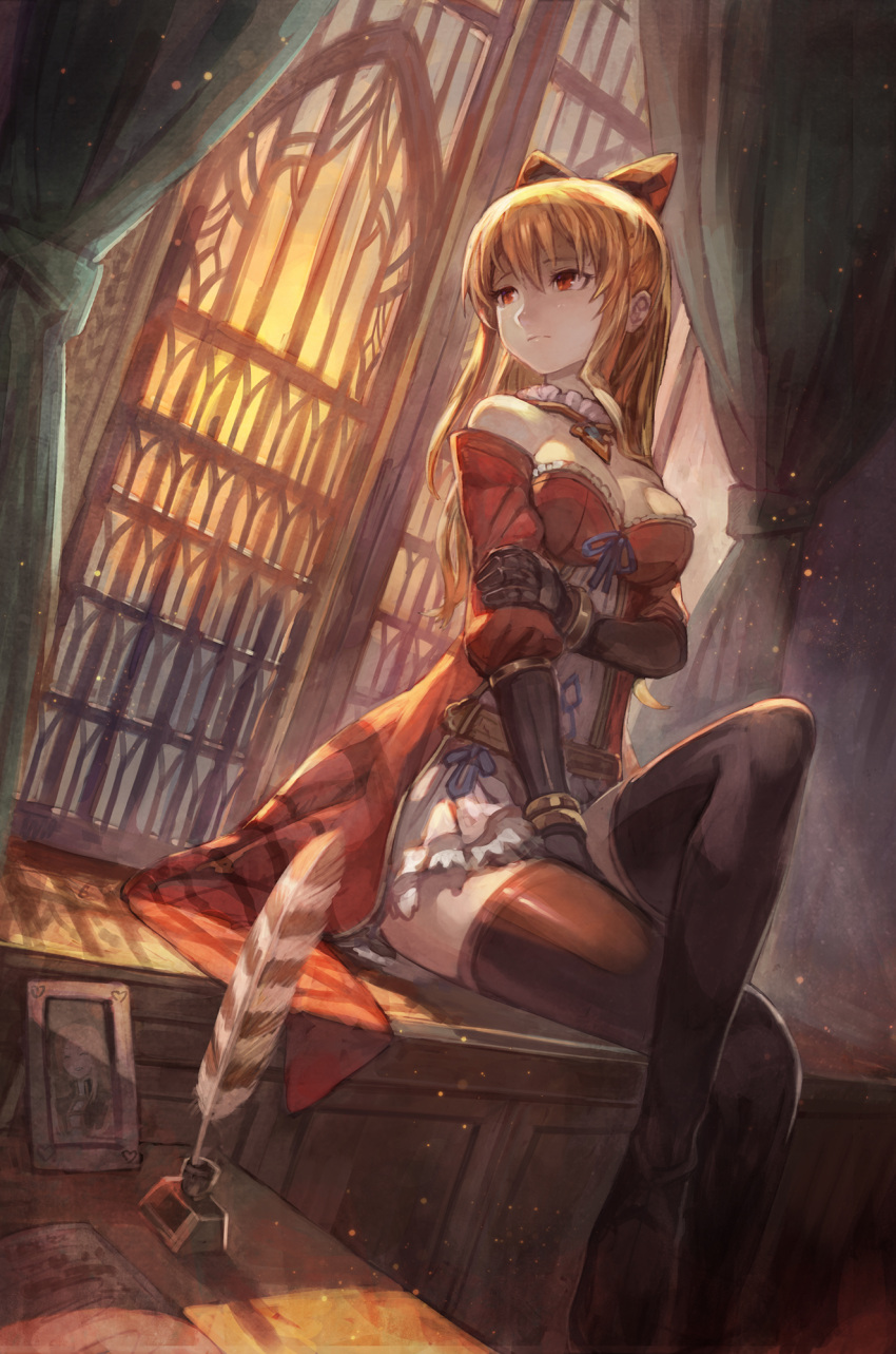 1girl, arm_holding, bangs, bare_shoulders, black_boots, black_legwear, blue_ribbon, book