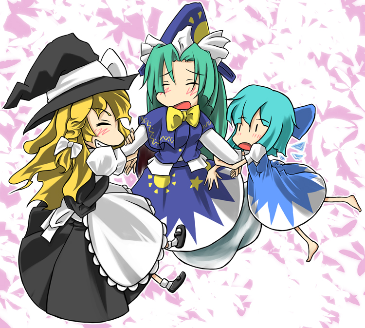 blonde_hair, blue_hair, cirno, green_hair, hair_ribbon, hat, kirisame_marisa, mima