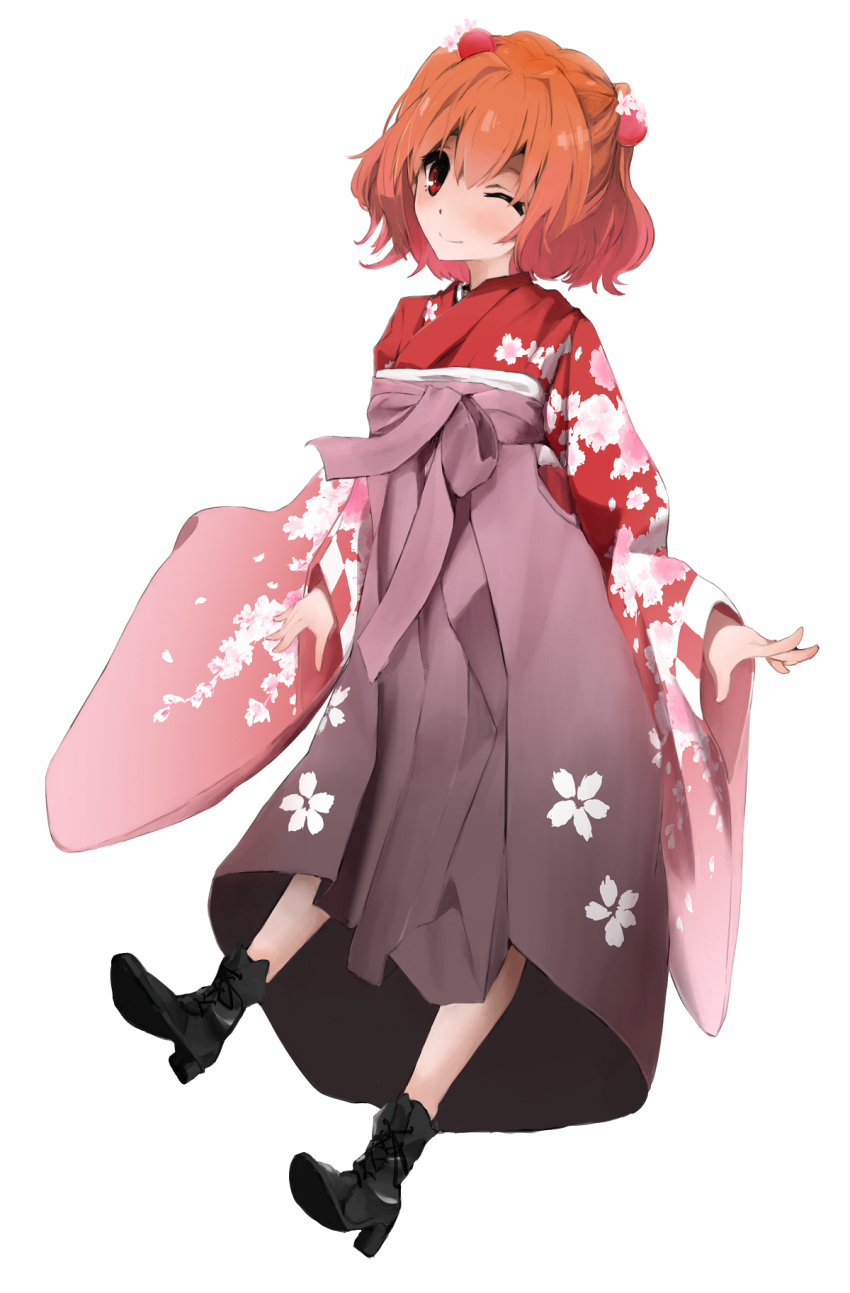 1girl, alternate_costume, boots, cherry_blossoms, cross-laced_footwear, flower, hair_flower, hair_ornament