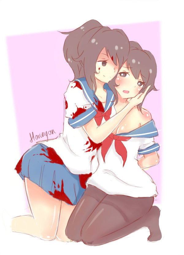 2girls, artist_name, bare_shoulders, blood, blood_on_face, bloody_clothes, breasts, brown_eyes, brown_hair, cleavage, harunyax3, multiple_girls, pantyhose, ponytail, school_uniform, senpai_(yandere_simulator), shaded_face, skirt, yandere, yandere-chan, yandere_simulator, yuri