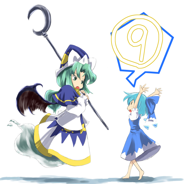?, barefoot, blue_hair, cirno, green_eyes, green_hair, hair_ribbon, hat