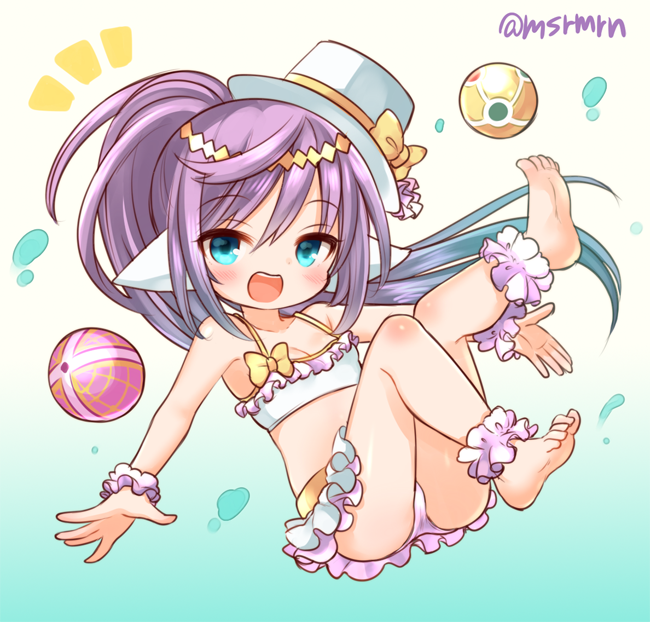 1girl, :d, animal_ears, ankle_scrunchie, aqua_eyes, ball, barefoot, bikini