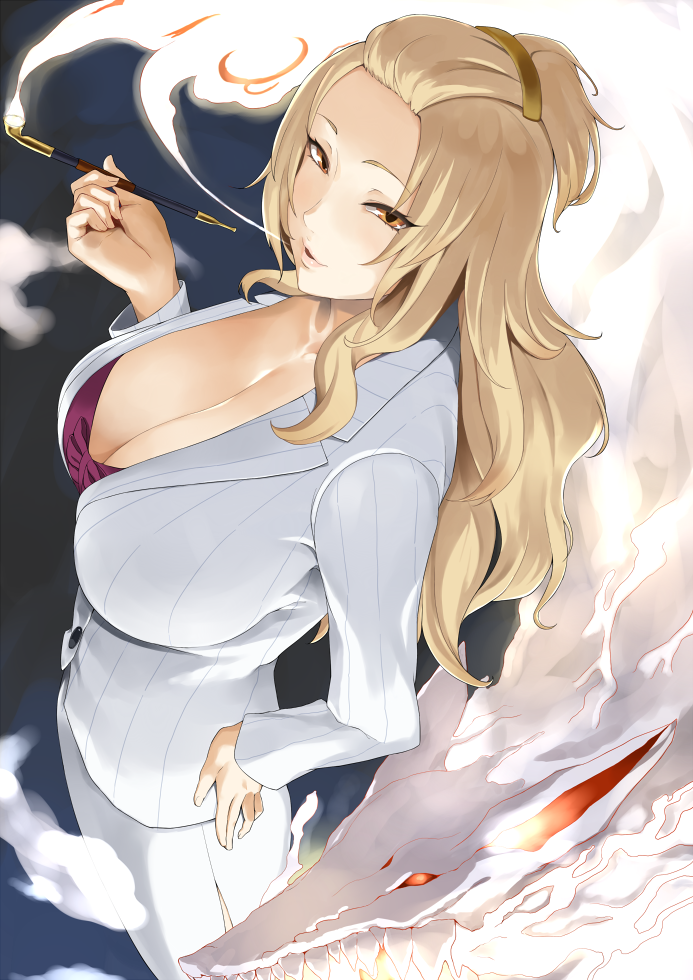 1girl, akeiro_kaikitan, blonde_hair, breasts, brown_eyes, cleavage, hand_on_hip, katsuragi_youko