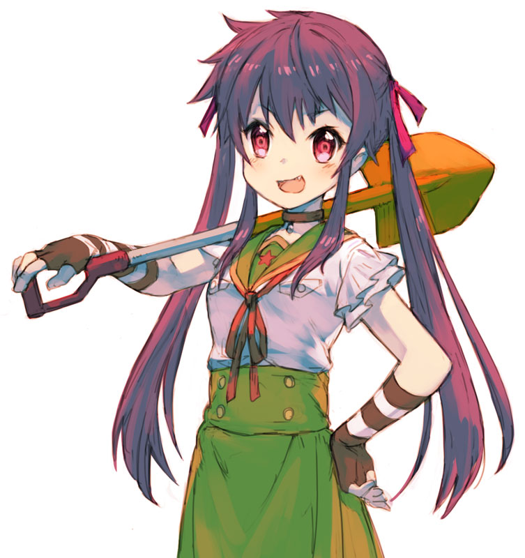 1girl, :d, black_ribbon, blush, ebisuzawa_kurumi, fang, gakkou_gurashi!, long_hair, looking_at_viewer, open_mouth, pink_eyes, purple_hair, ribbon, school_uniform, serafuku, shovel, simple_background, smile, solo, star, taroji, twintails, white_background, worktool