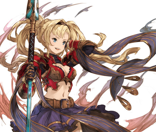 1girl, armor, belt, bikini_armor, blonde_hair, blue_eyes, breasts, cleavage
