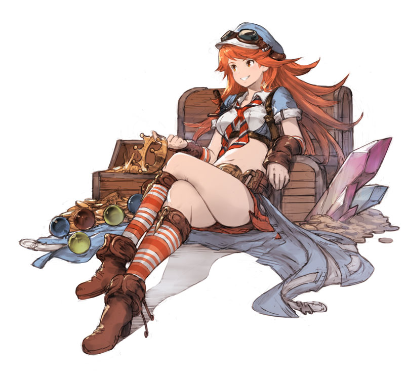 1girl, crop_top, crown, goggles_on_hat, granblue_fantasy, grin, hat, long_hair