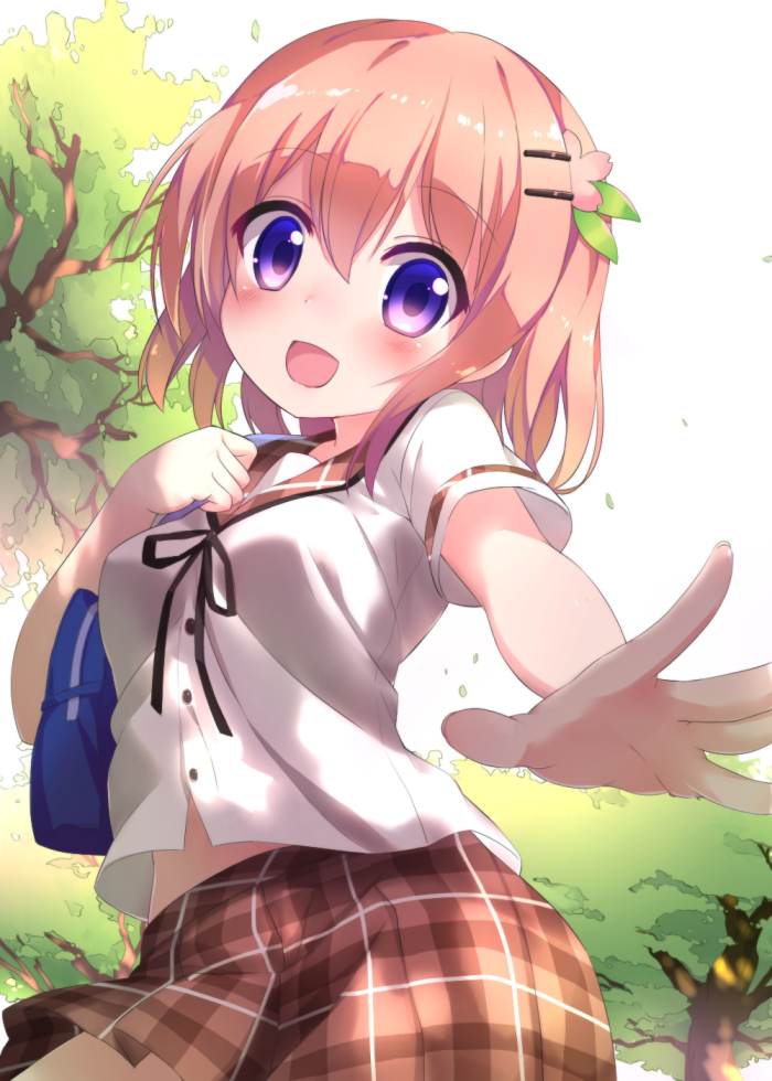 1girl, bag, blush, ezoshika_gg, flower, gochuumon_wa_usagi_desu_ka?, hair_flower, hair_ornament