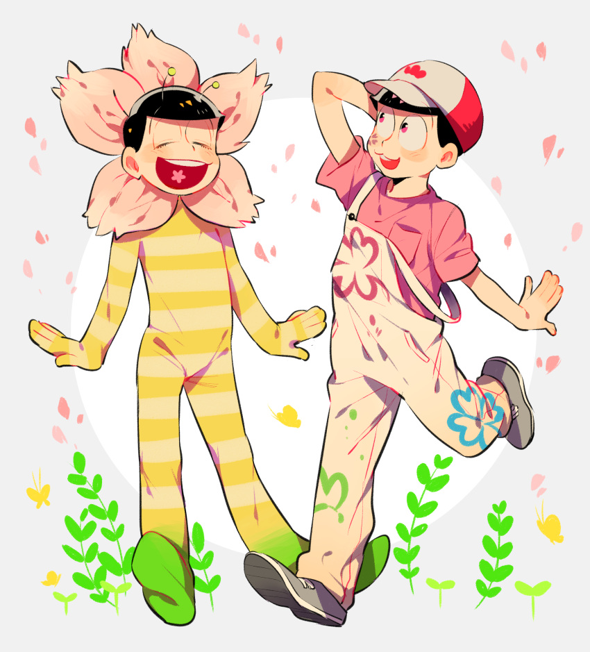 2boys, arm_behind_back, baseball_cap, black_hair, brothers, butterfly, circle, flower_costume