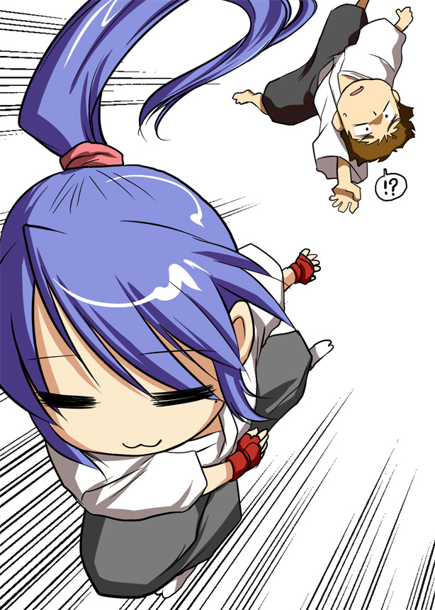 !?, :3, aikido, aikidou, blue_hair, closed_eyes, izumi_konata, japanese_clothes