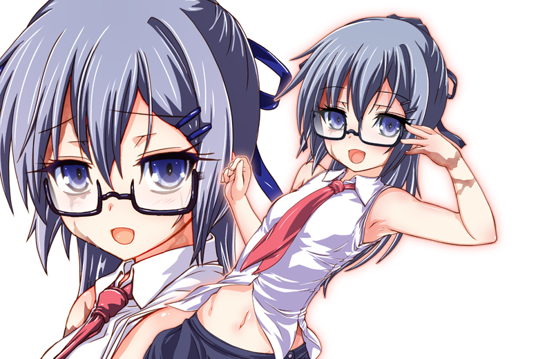 1girl, :d, bare_shoulders, bespectacled, black-framed_glasses, black_hair, blue_eyes, burn_scar