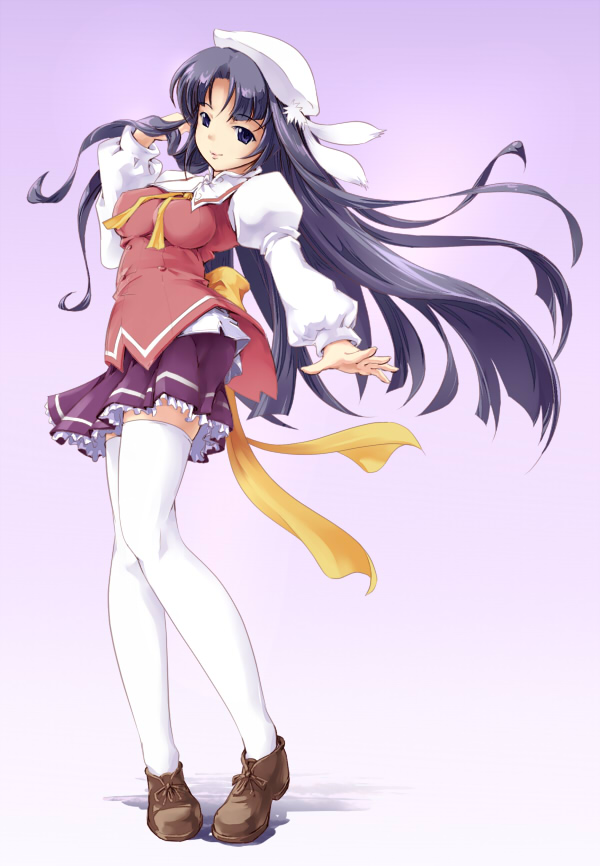 beret, black_eyes, black_hair, feathers, haruka_ni_aogi_uruwashi_no, hat, impossible_clothes, impossible_shirt