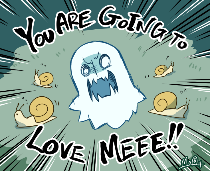 1boy, artist_name, bizarro, english, fangs, fleeing, ghost, hato_moa