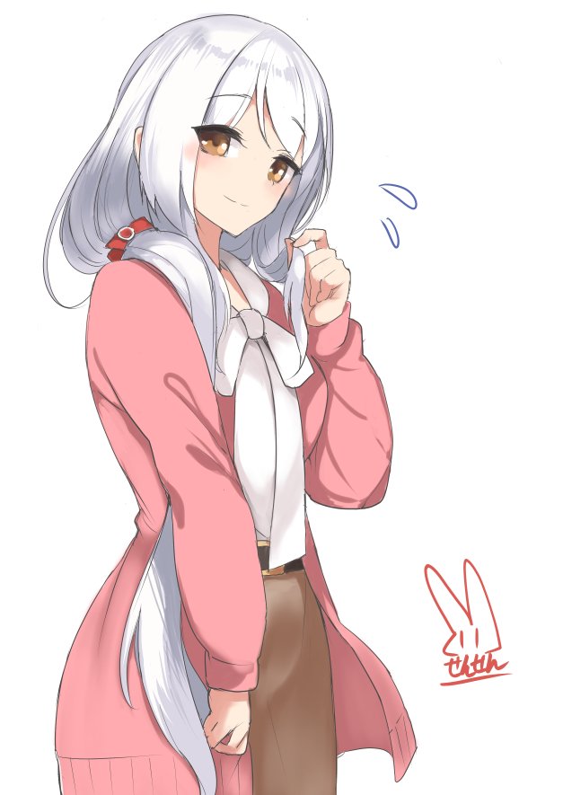 1girl, alternate_color, belt, blush, brown_eyes, cosplay, ellen_baker, ellen_baker_(cosplay), flying_sweatdrops, kantai_collection, long_hair, looking_at_viewer, new_horizon, ponytail, sensen, shoukaku_(kantai_collection), simple_background, skirt, smile, solo, white_background, white_hair