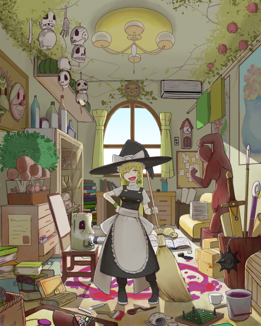1girl, ^_^, air_conditioner, apron, beaker, black_dress, blonde_hair, board_game, bone, book, book_stack, bottle, bow, box, braid, brooch, broom, bucket, candle, chair, chandelier, chest, chest_of_drawers, closed_eyes, commentary_request, corkboard, couch, cuckoo_clock, cup, curtains, desk, display_case, dress, flail, flask, frills, hand_on_hip, hat, hat_bow, highres, ink_bottle, jewelry, kirisame_marisa, long_hair, mask, messy_room, mug, mushroom, okahi, open_mouth, paint, paintbrush, paper_stack, polearm, poster_(object), pumpkin, radio, room, round_teeth, ruler, scale, scissors, scroll, short_sleeves, single_braid, skull, smile, spear, spoon, statue, stuffed_animal, stuffed_toy, sword, teacup, teapot, teddy_bear, teeth, touhou, tsuchinoko, vase, weapon, window, witch_hat, wristband, yarnball