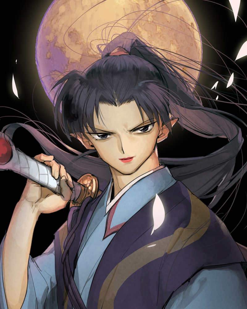 bangs, black_background, black_eyes, black_hair, byakuya_(inuyasha), closed_mouth, floating_hair, holding, holding_sword, holding_weapon, inuyasha, japanese_clothes, light_smile, lipstick, looking_at_viewer, makeup, moon, mumu2126, parted_bangs, petals, pointy_ears, ponytail, red_lips, smile, solo, sword, upper_body, weapon