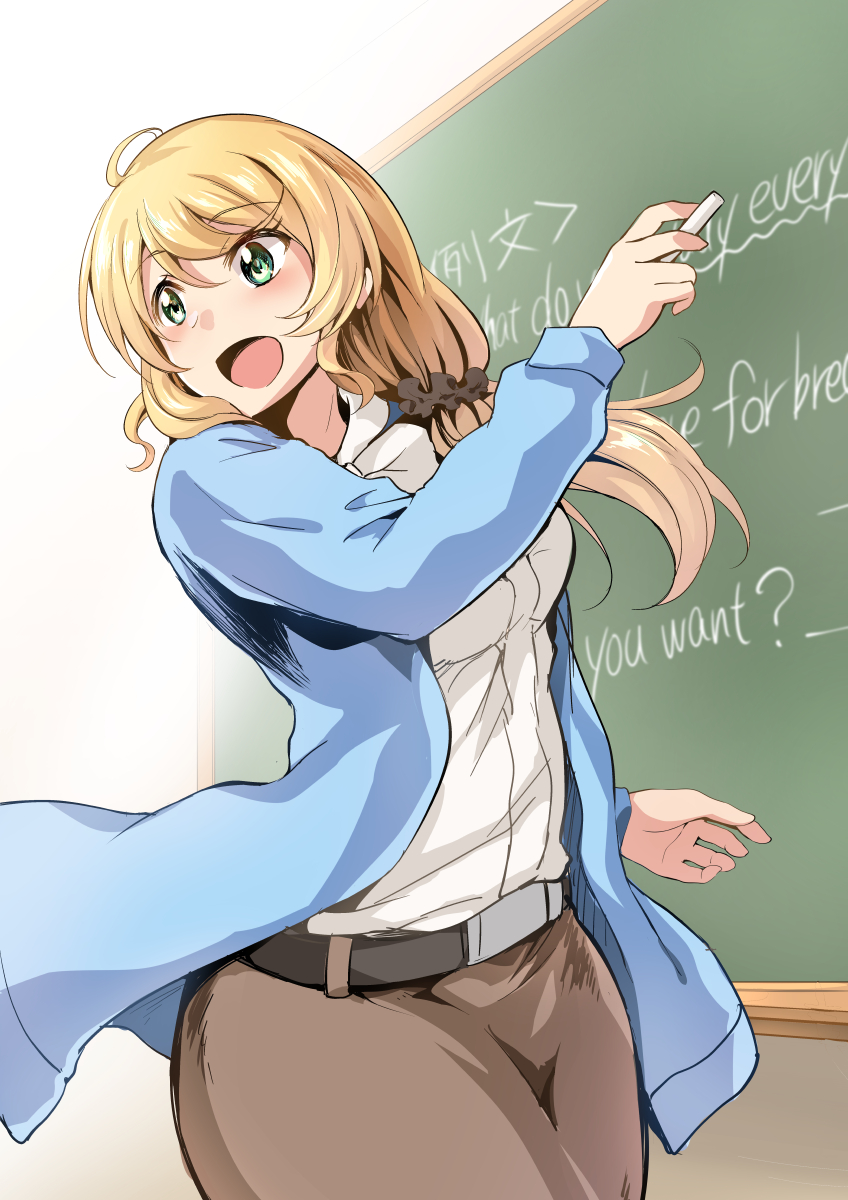 1girl, blonde_hair, blue_jacket, chalk, chalkboard, ellen_baker, english, green_eyes
