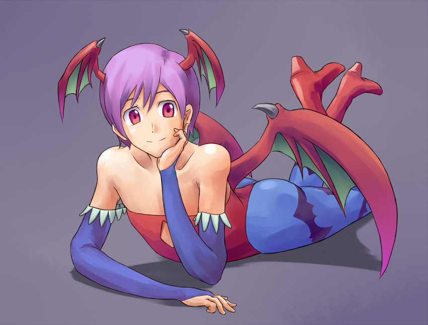 bat_wings, bridal_gauntlets, capcom, chin_rest, demon_girl, elbow_gloves, flat_chest, gloves, head_wings, headwings, kurio, lilith_aensland, lying, on_stomach, pantyhose, purple_hair, red_eyes, short_hair, simple_background, smile, succubus, vampire_(game), wings