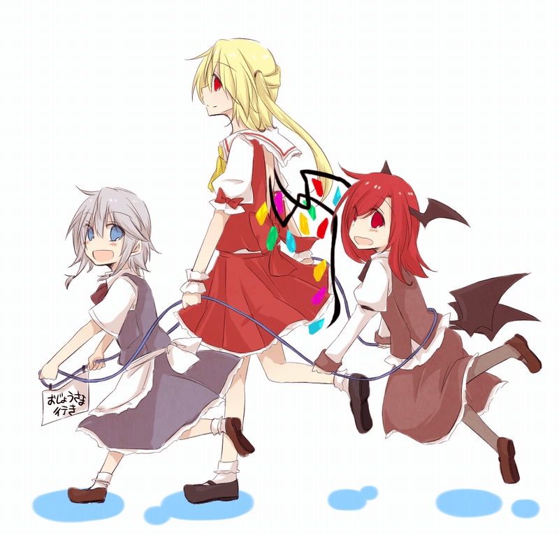 3girls, apron, blonde_hair, blue_eyes, child, demon_girl, demon_wings, flandre_scarlet