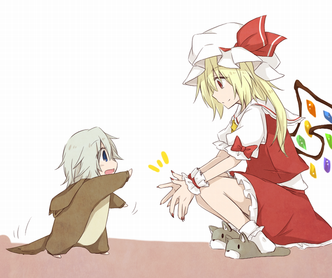 2girls, animal_costume, blonde_hair, blue_eyes, child, dog_costume, dog_slippers, flandre_scarlet