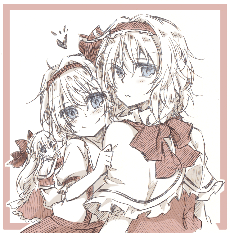 2girls, alice_margatroid, alice_margatroid_(pc-98), apron, blonde_hair, blue_eyes, bow, capelet