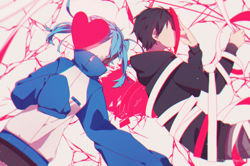 1boy, 1girl, bandages, black_hair, blue_hair, covering_face, ene_(kagerou_project), headphones