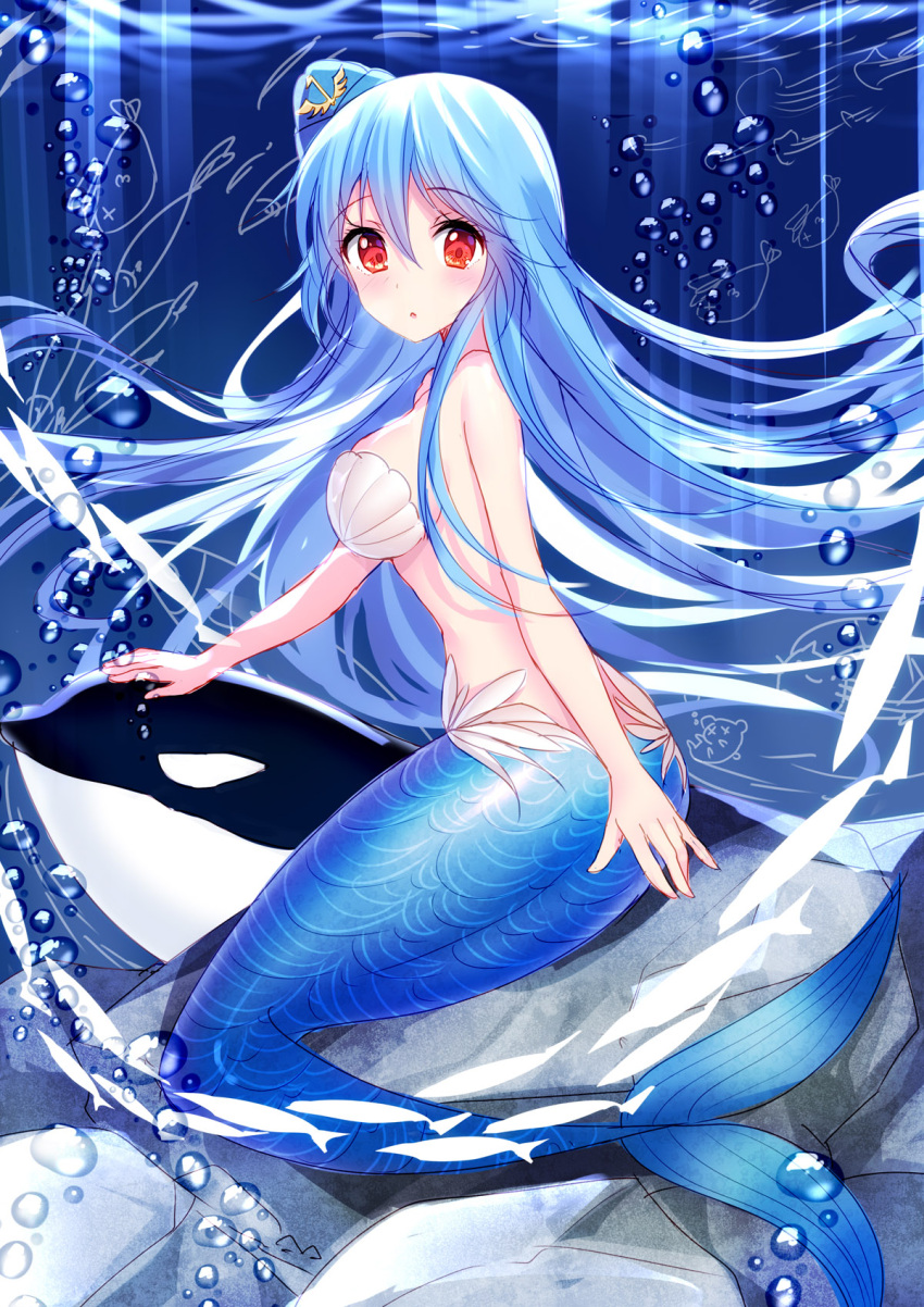 1girl, bison_cangshu, blue_hair, bracelet, fish, full_body, highres, jewelry