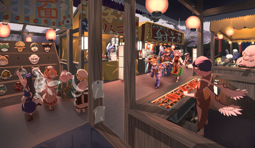 1boy, 6+girls, alternate_costume, alternate_hairstyle, animal_ears, beard, bird_wings, black_hair