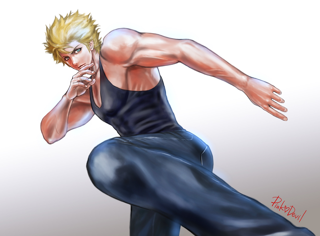 1boy, artist_name, blonde_hair, blue_eyes, denim, fighting_stance, gradient, gradient_background