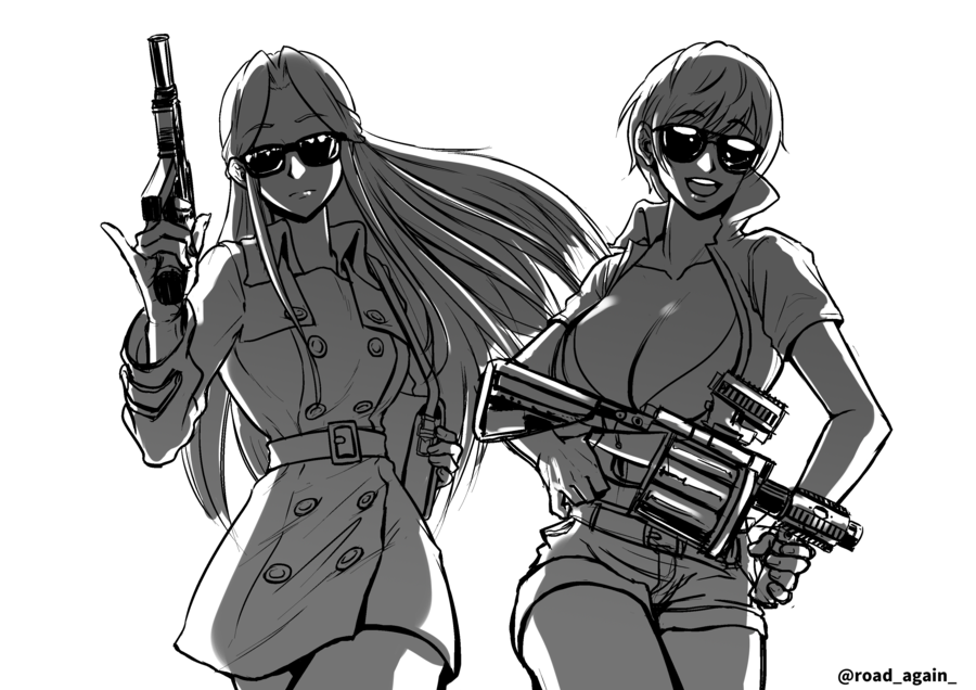 2girls, bag, belt, breasts, coat, collarbone, gun, idolmaster