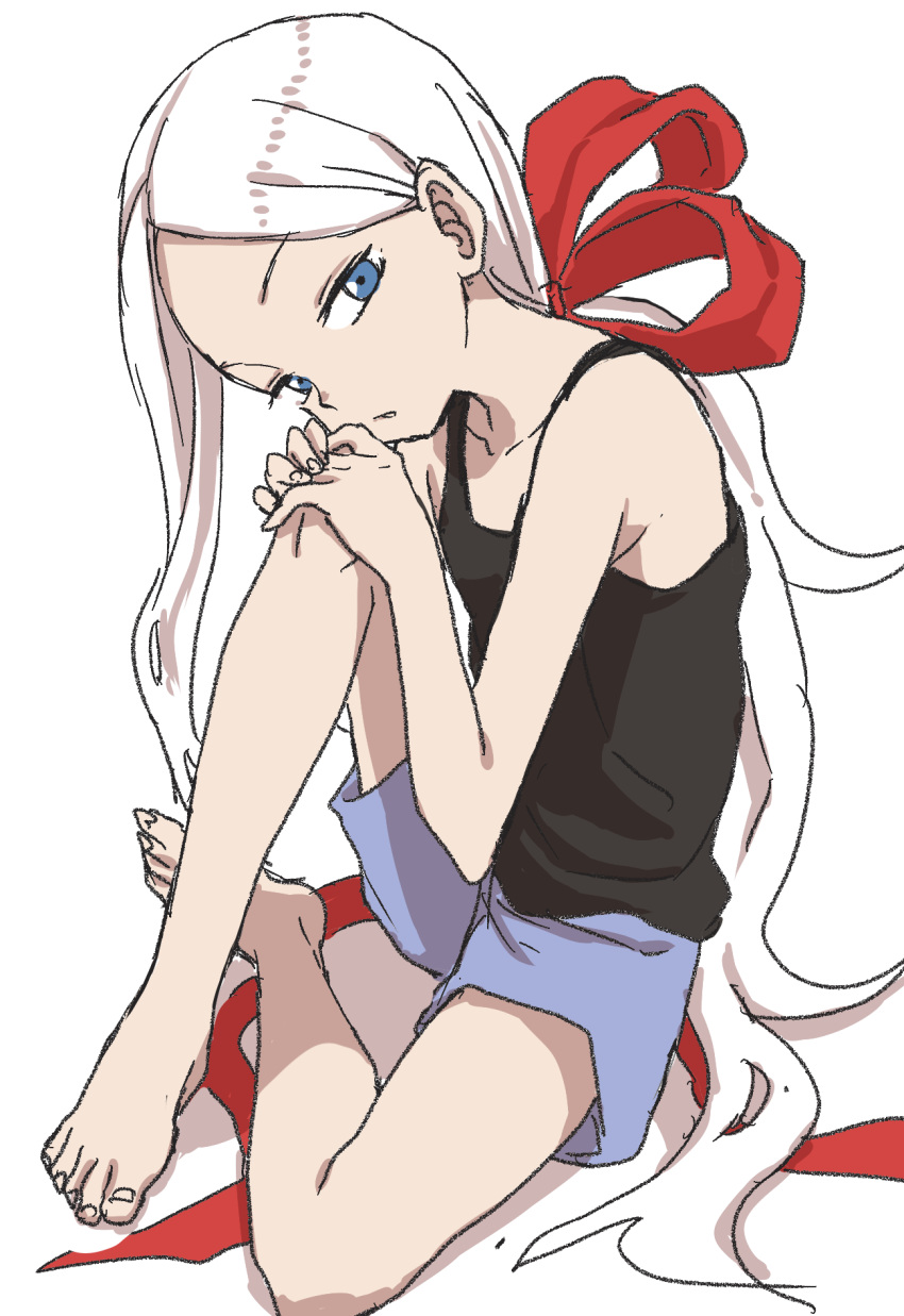 1girl, blue_eyes, fudatsuki_kyouko, fudatsuki_no_kyouko-chan, hair_ribbon, highres, knee_up, long_hair, looking_at_viewer, red_ribbon, ribbon, shorts, sitting, solo, tank_top, very_long_hair, white_hair, yamamoto_souichirou