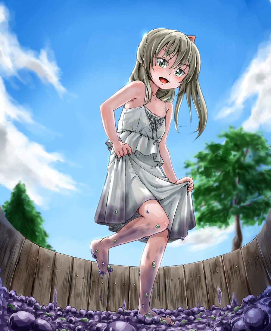 1girl, bare_shoulders, barefoot, brown_hair, clouds, dirty_feet, dress, flat_chest