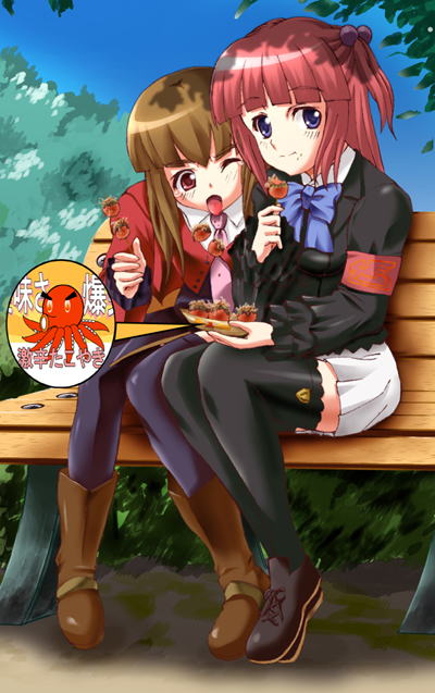 armband, blue_eyes, bow, brown_hair, eating, ef_(artist), hair_bobbles, hair_ornament